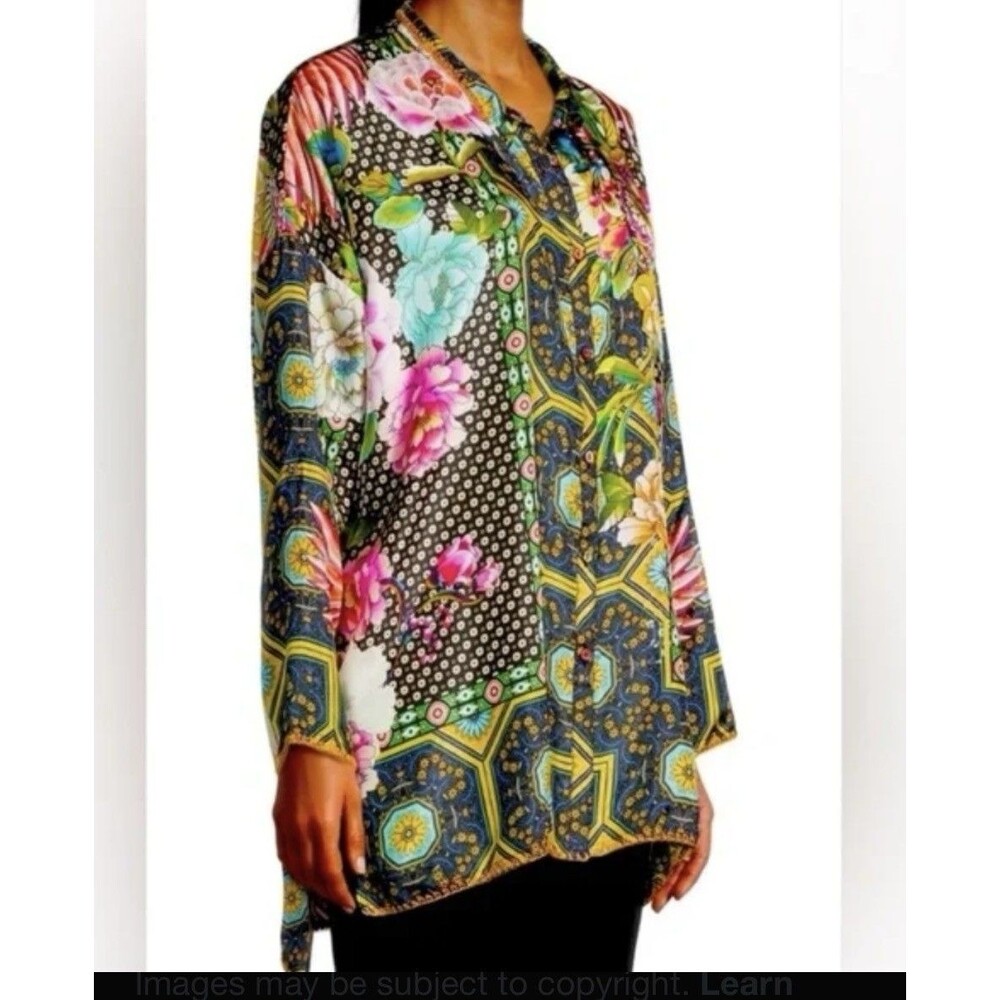 Johnny Was silk Fagan Josie Boho Silk Button Down Top Blouse Shirt,Multi Size M